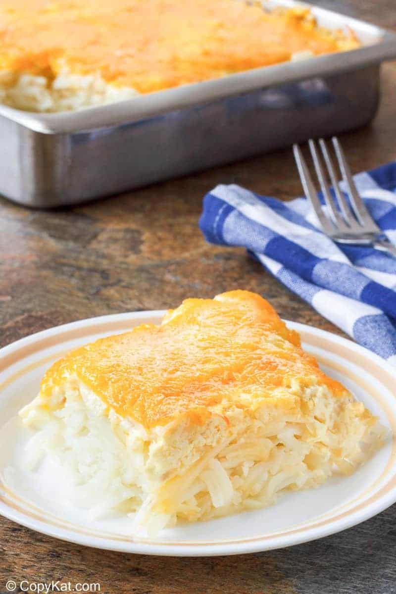 homemade Cracker Barrel hashbrown casserole on a plate