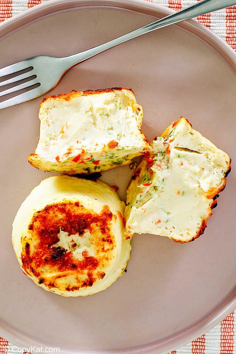 overhead view of homemade Starbucks egg white bites and a fork on a plate