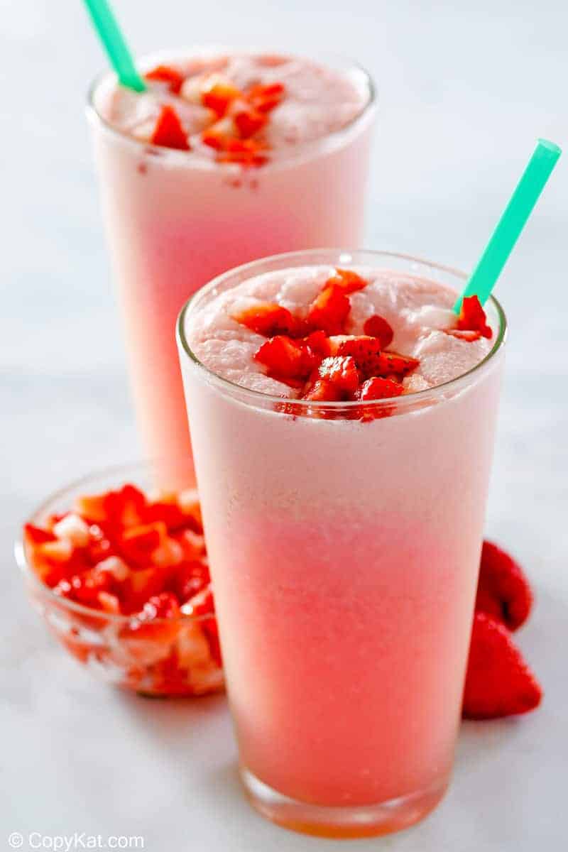 two homemade Starbucks pink drink in glasses