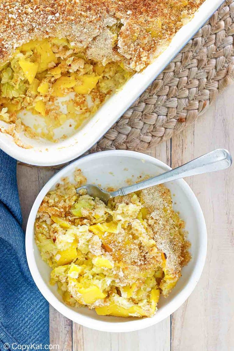 homemade Black Eyed Pea Yellow Squash Casserole in a baking dish and a bowl