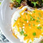 Cheesy sour cream baked pork chop and broccoli on a plate