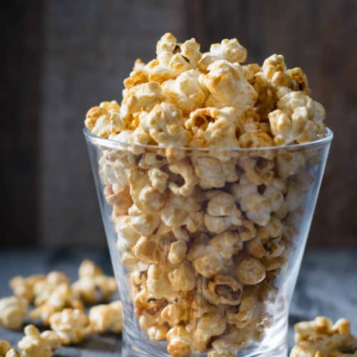 Karo syrup caramel popcorn in a glass