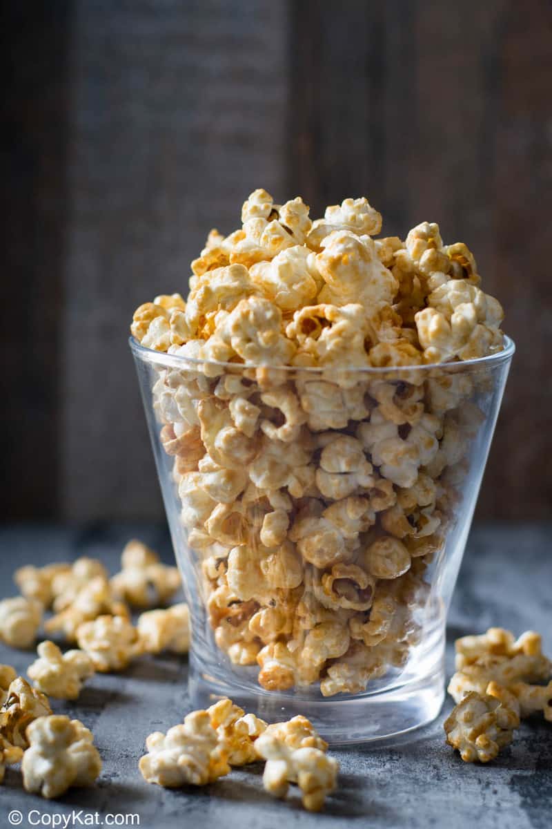 Karo syrup caramel popcorn in a glass