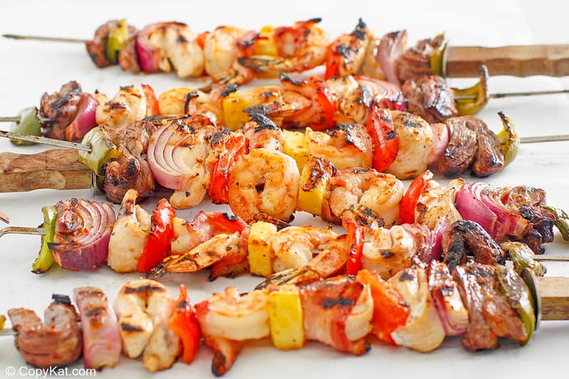 chicken, shrimp, steak, and vegetable shish kabobs