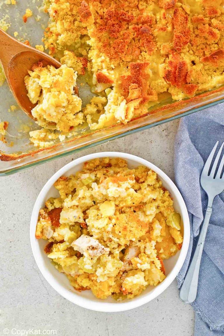 overhead view of homemade Cracker Barrel chicken casserole in a bowl and baking dish
