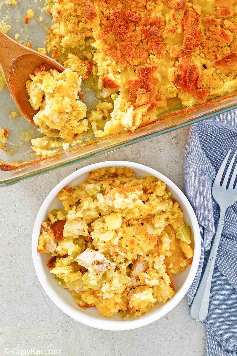 overhead view of homemade Cracker Barrel chicken casserole in a bowl and baking dish