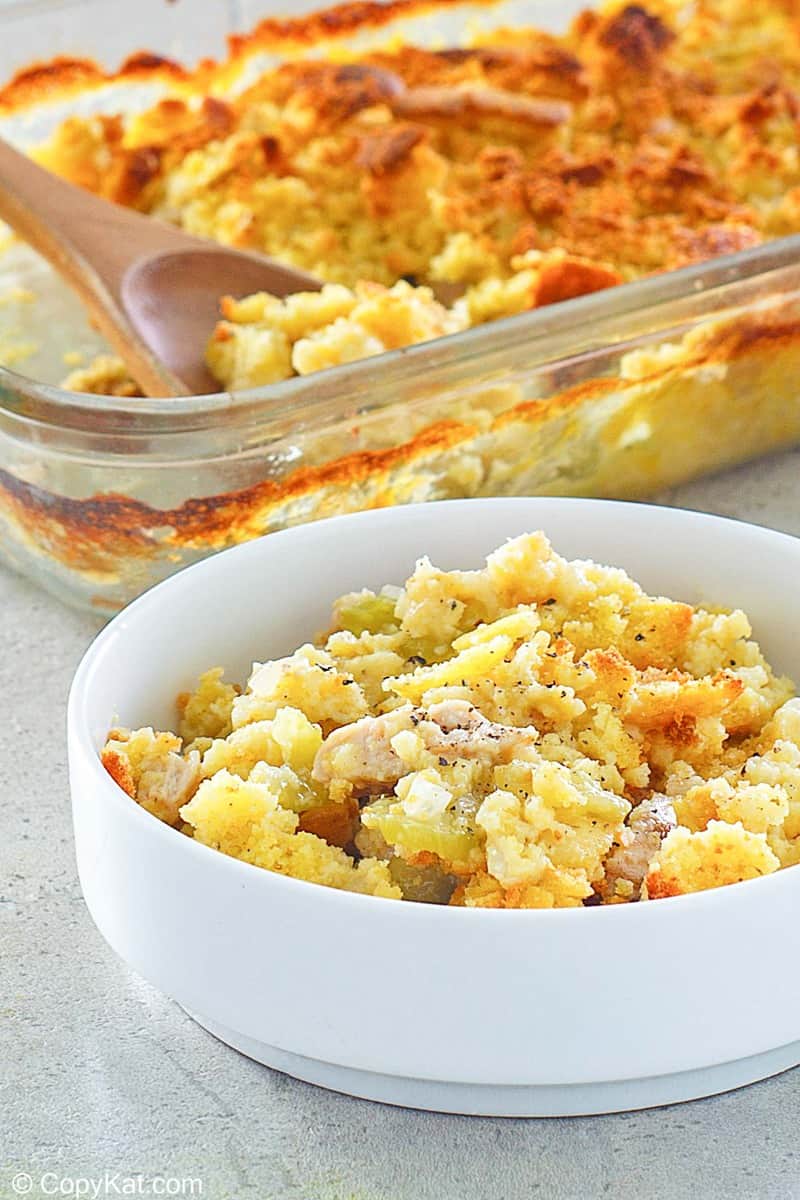 homemade Cracker Barrel chicken casserole in a bowl and baking dish
