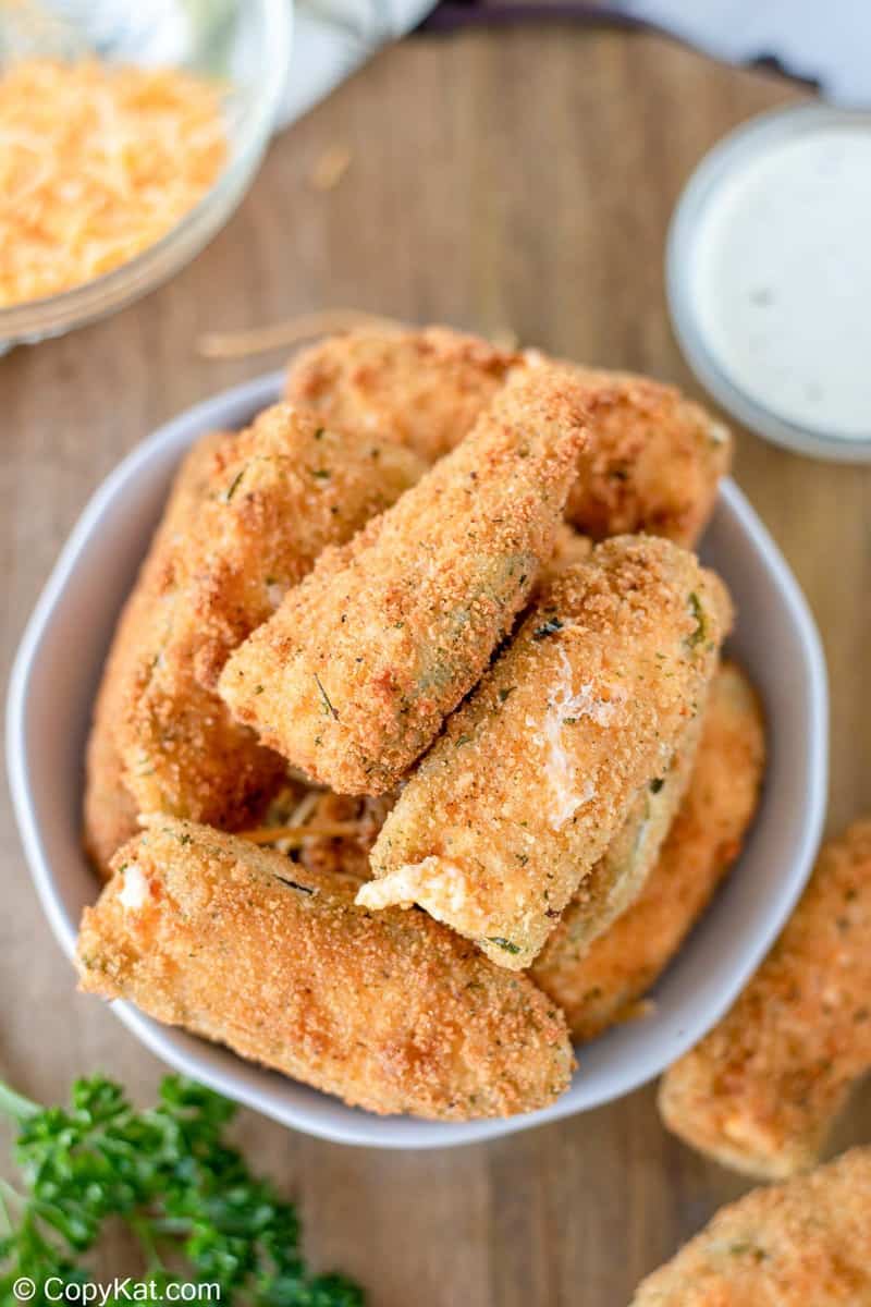 overhead view of a jalapeno poppers in a bowl