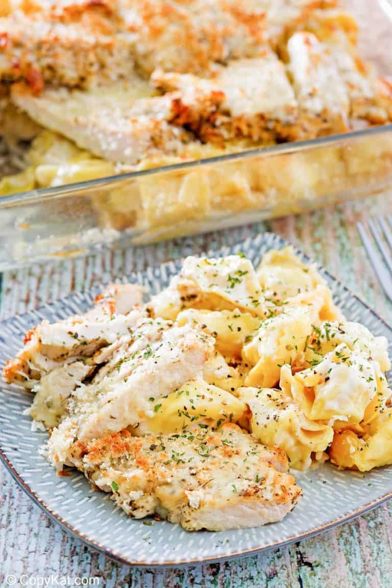 homemade Olive Garden Asiago Torgelloni Alfredo with chicken on a plate