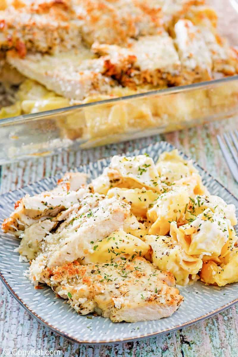 homemade Olive Garden Asiago Torgelloni Alfredo with chicken on a plate
