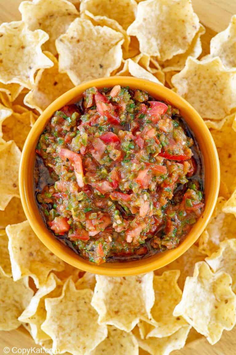 overhead view of homemade Pappasito's salsa in a bowl and tortilla chips