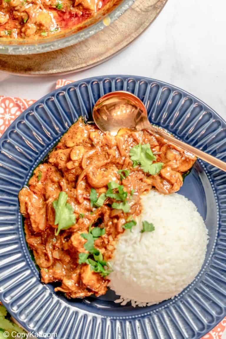 overhead view of butter chicken and rice in a bowl