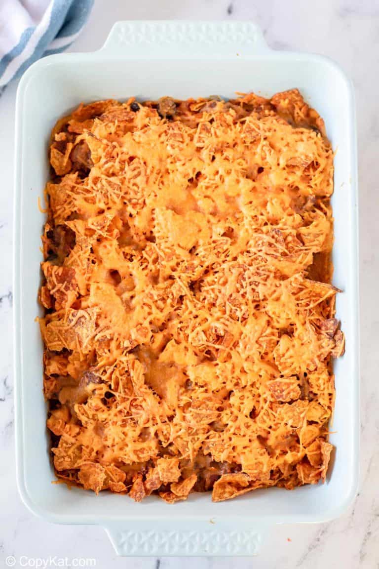 overhead view of Dorito casserole in a baking dish