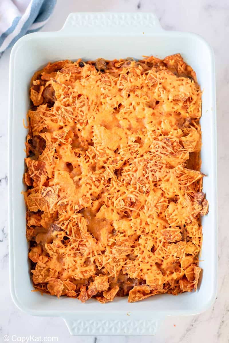 overhead view of Dorito casserole in a baking dish