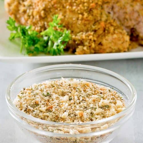 homemade Italian seasoned bread crumbs and a platter of breaded chicken
