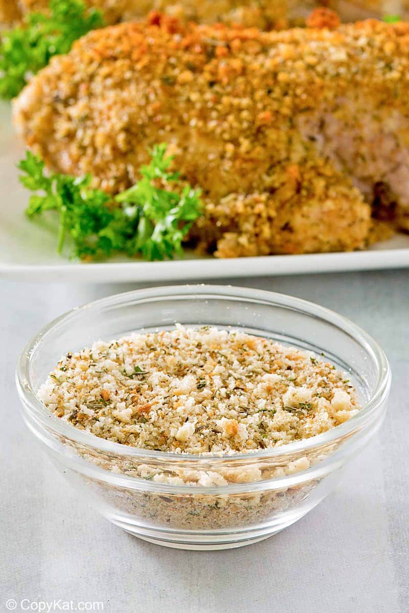homemade Italian seasoned bread crumbs and a platter of breaded chicken