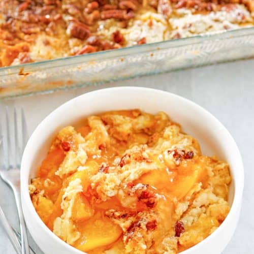 peach dump cake in a bowl and baking dish