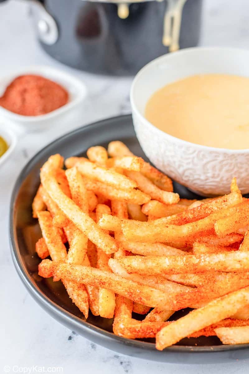 homemade Taco Bell Nacho Fries and cheese sauce on a plate