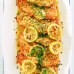 overhead view of chicken franchese on a platter
