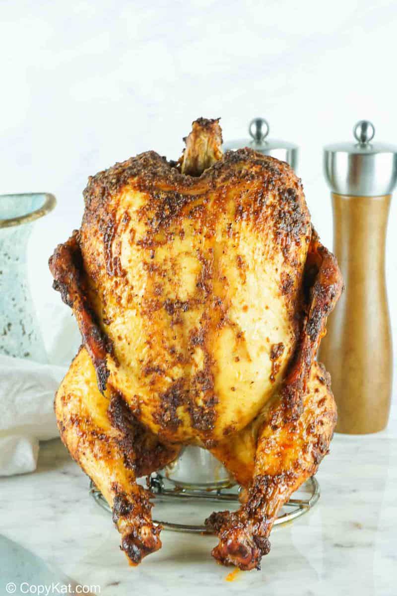 smoked beer can chicken on a holder