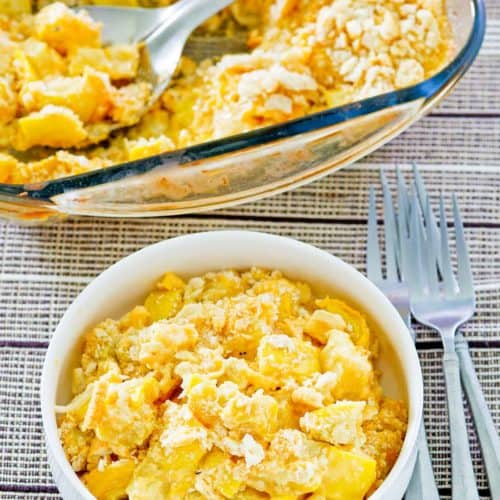 squash casserole in a baking dish and a bowl