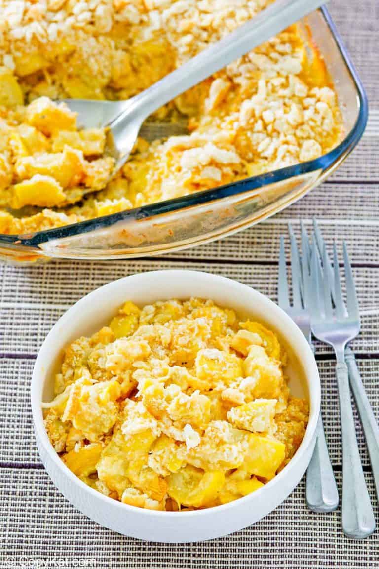 squash casserole in a baking dish and a bowl