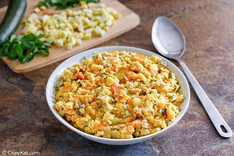 homemade Boston Market squash casserole and a serving spoon