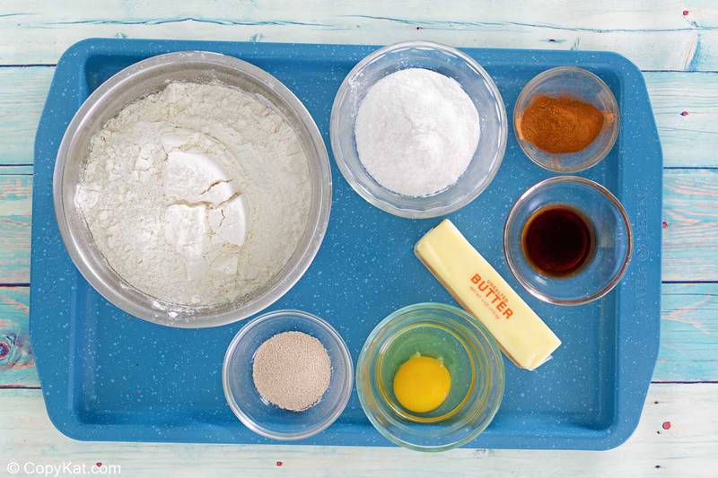 bread machine cinnamon rolls ingredients on a tray