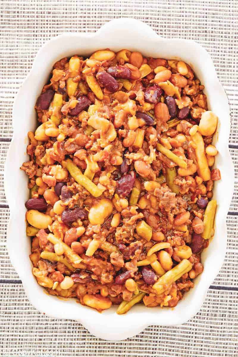 overhead view of calico beans in a serving dish