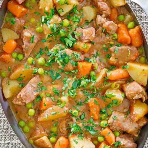 overhead view of lamb stew in a pan