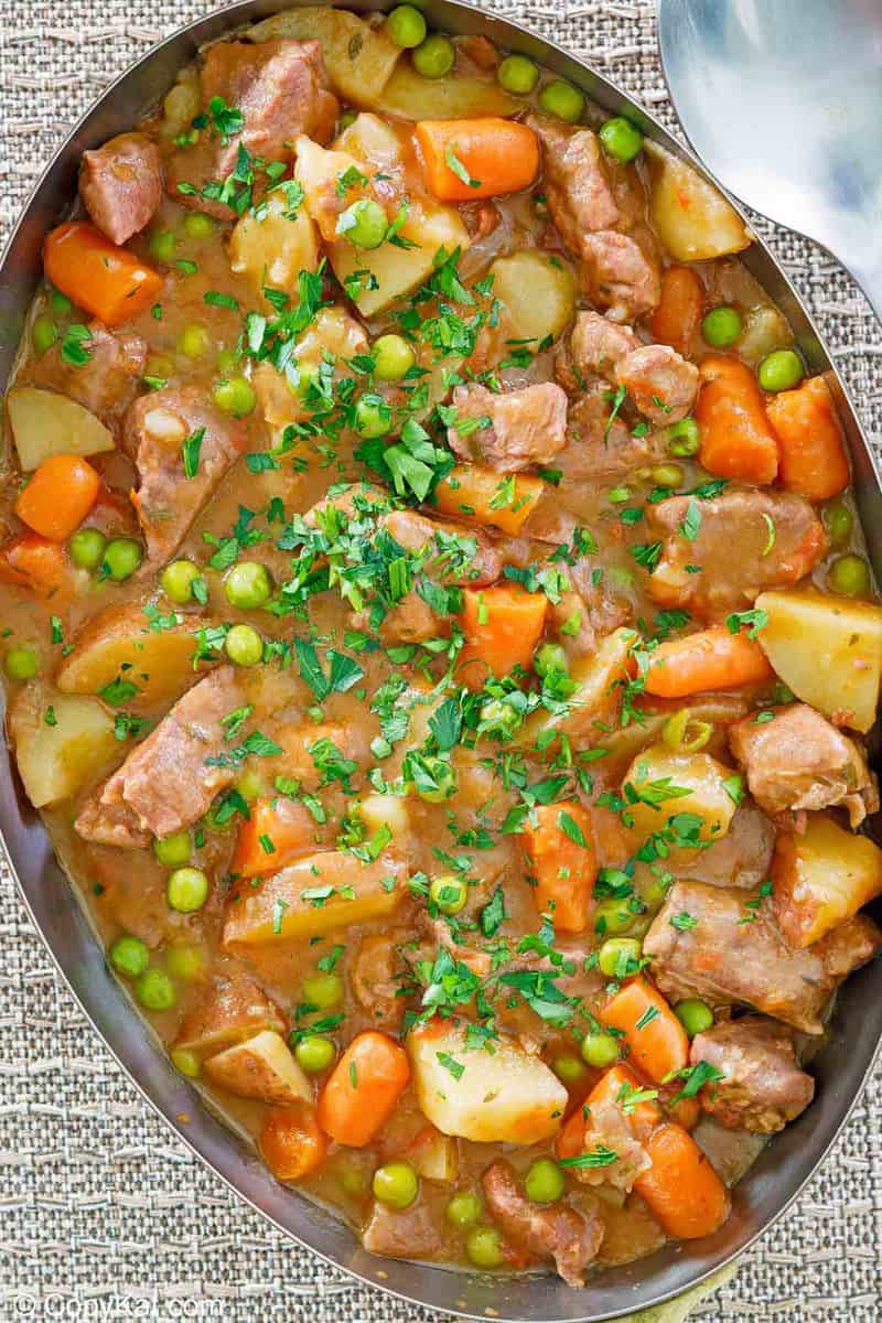 overhead view of lamb stew in a pan