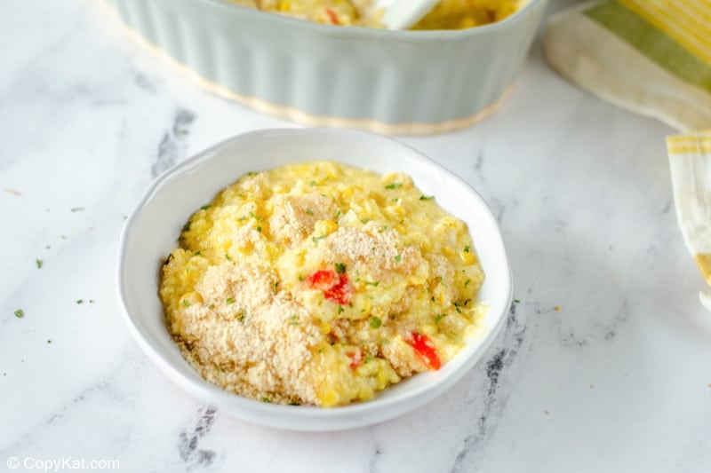 a serving of scalloped corn on a plate