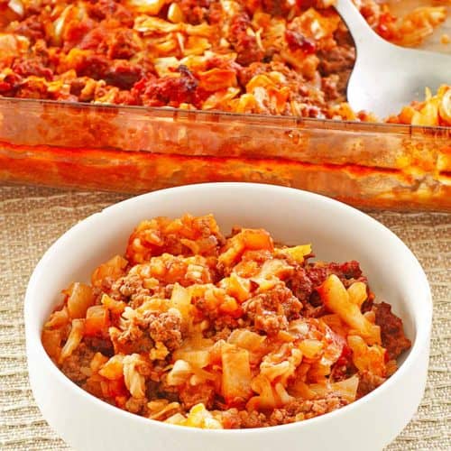cabbage roll casserole in a bowl and baking dish.