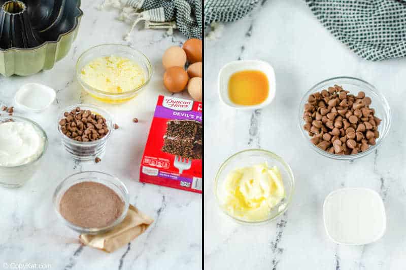 A 2-panel image showing ingredients for chocolate bundt cake, including cake mix, pudding, sour cream, eggs, and glaze components.