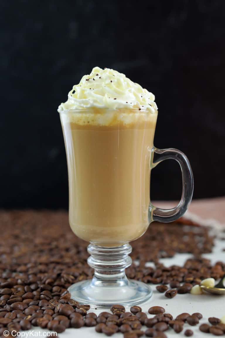 homemade Starbucks white chocolate mocha and coffee beans.