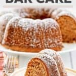 chocolate bundt cake and slice of cake dusted with powdered sugar