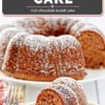 chocolate bundt cake slice on a white plate