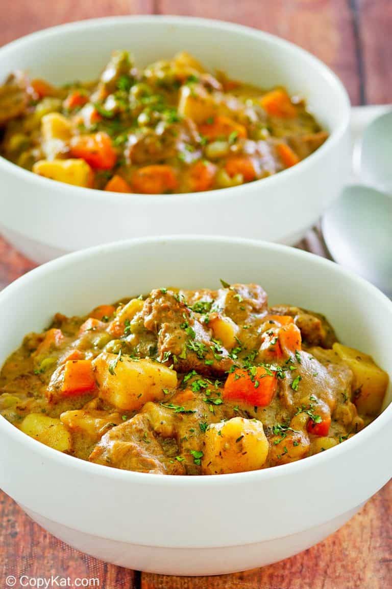 two bowls of Dutch Oven beef stew.