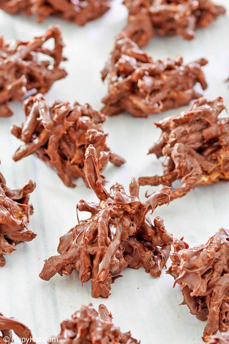 chocolate butterscotch haystacks on wax paper.
