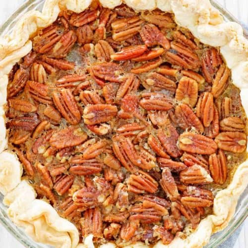 overhead view of a homemade Karo pecan pie.