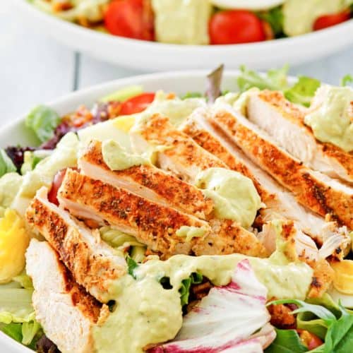 homemade Chick Fil A cobb salad with avocado ranch dressing.