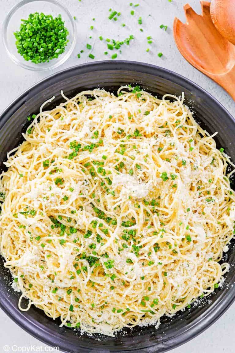 overhead view of garlic butter pasta in a serving bowl.