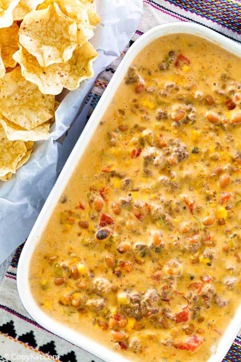 overhead view of hamburger dip and tortilla chips.
