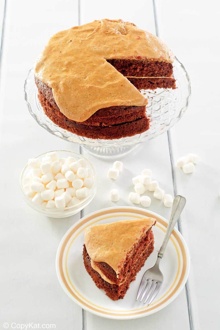 brown sugar boiled frosting on a cake and marshmallows.