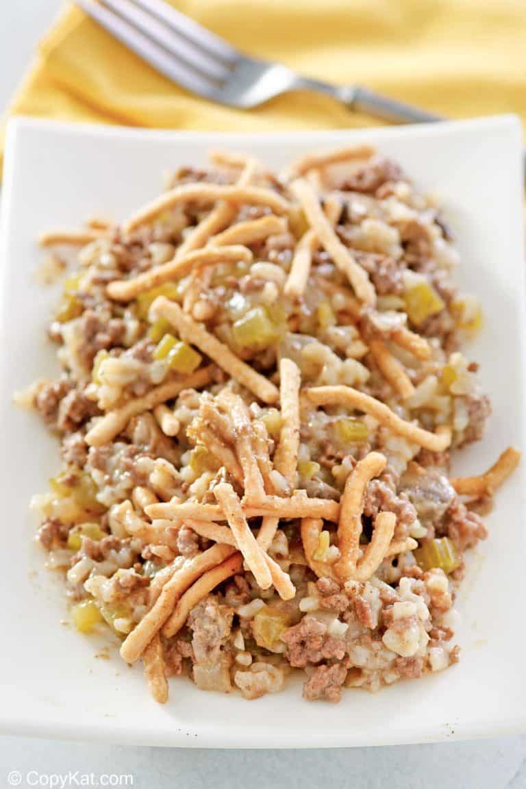 American chop suey with ground beef and rice on a platter.