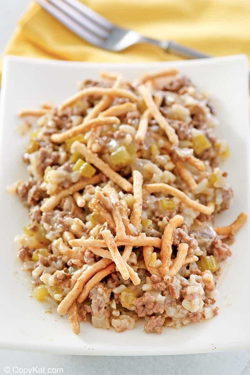 American chop suey with ground beef and rice on a platter.