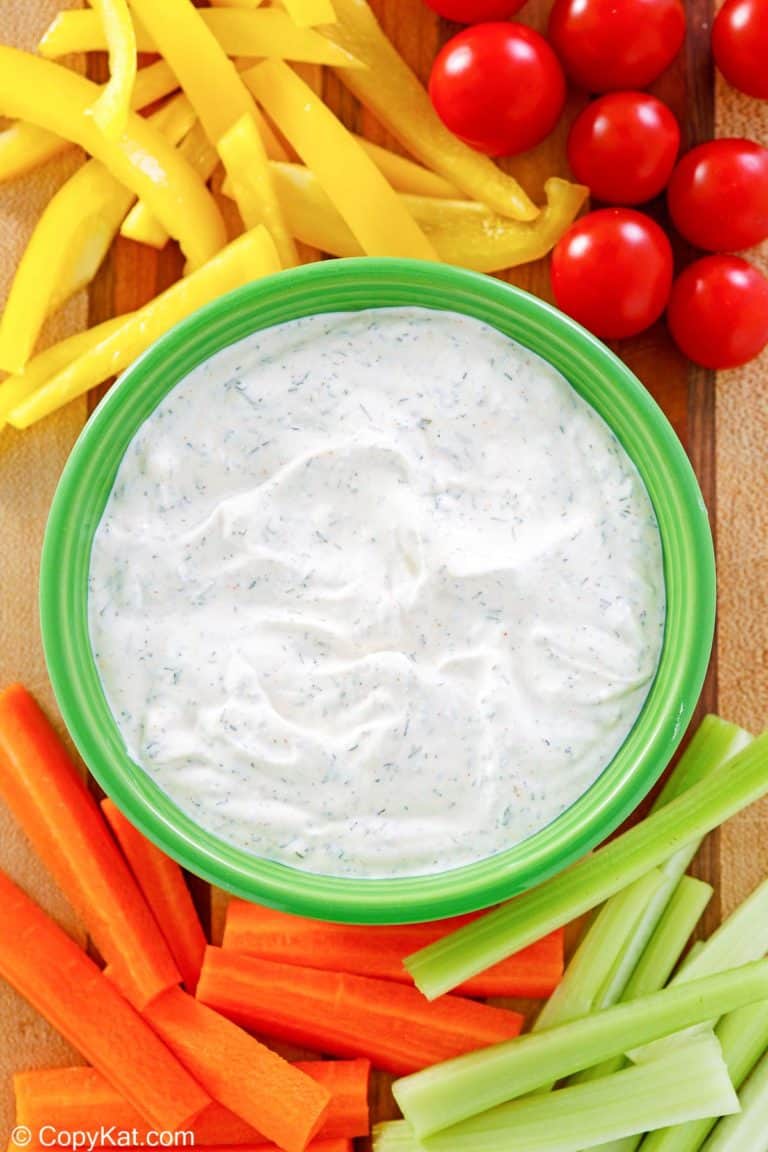 overhead view of dill dip and assorted vegetables.