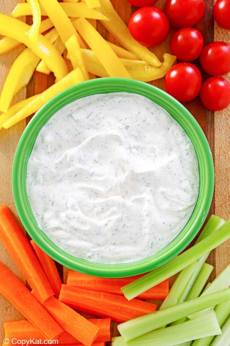 overhead view of dill dip and assorted vegetables.