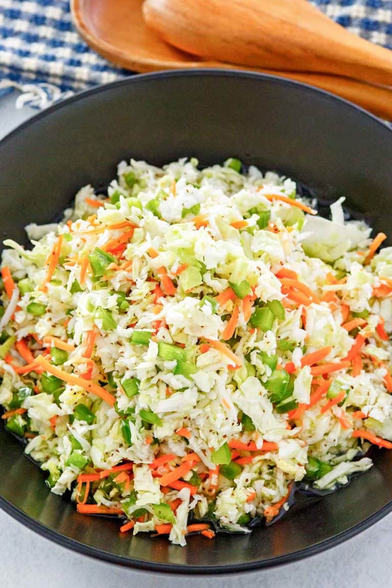 freezer slaw in a black bowl.