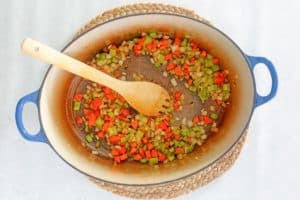vegetables for braised short ribs in a Dutch oven.